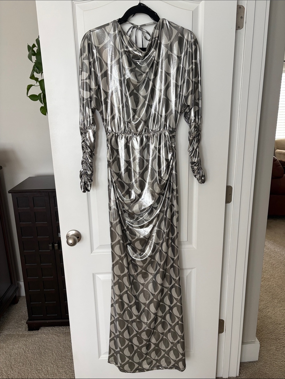 NOCTURNE Silver Metallic Patterned Cowl Neck Maxi Dress limited edition